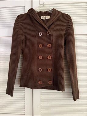 B.MOSS  Brown Double-Breasted Ribbed Hooded Cardigan Sweater